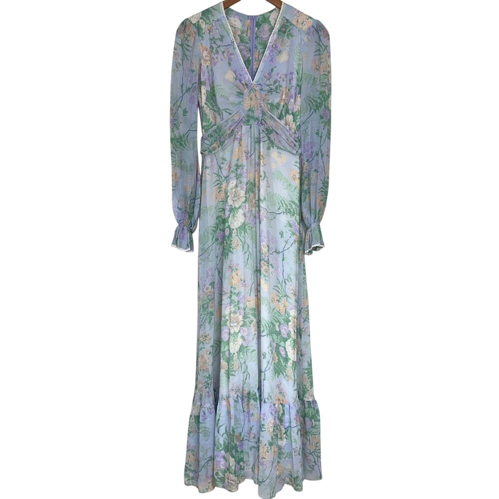 Vintage 70s Jody T of California Blue Floral Cottagecore Maxi Dress Size 7